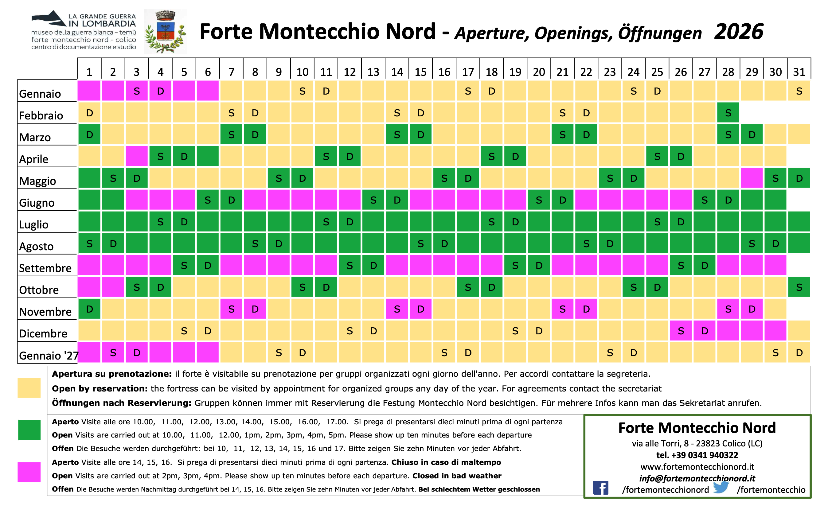 Calendario Apertura Forte Montecchio Nord 2026